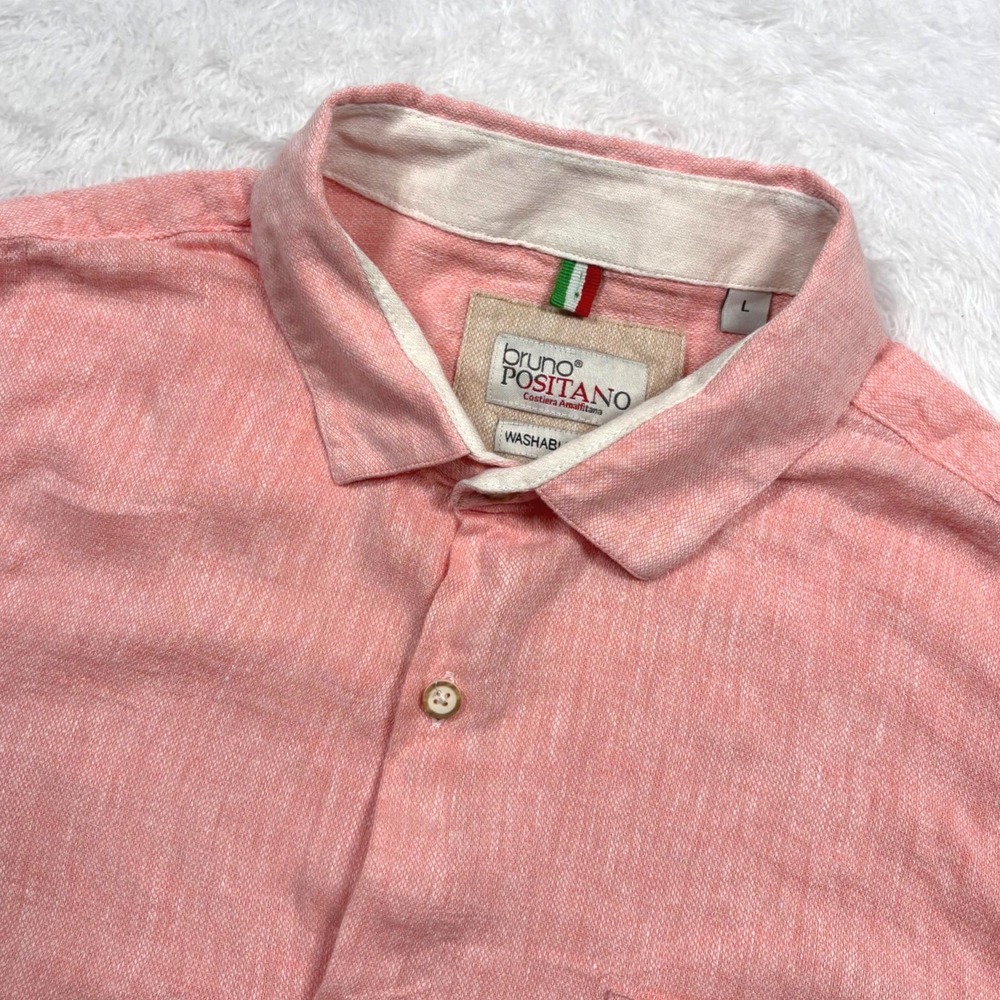 Bruno Positano Button Up Mens L Salmon Pink LINEN BLEND Short Sleeve Shirt 6618